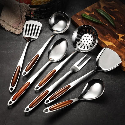 Stainless Steel Kitchen Utensil Set with Wood Accent Handles