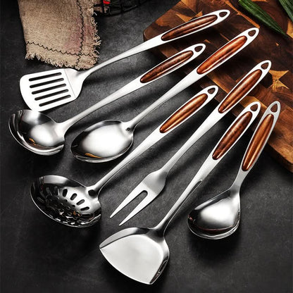 Stainless Steel Kitchen Utensil Set with Wood Accent Handles
