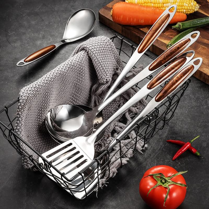 Stainless Steel Kitchen Utensil Set with Wood Accent Handles