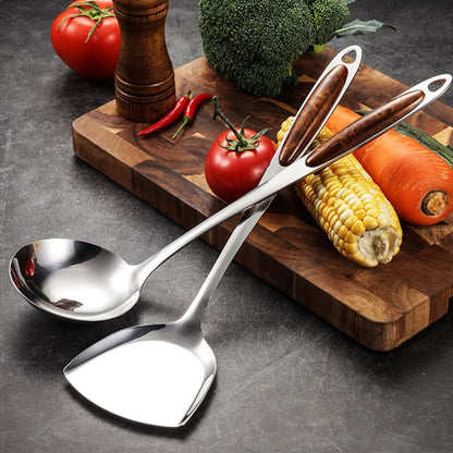 Stainless Steel Kitchen Utensil Set with Wood Accent Handles