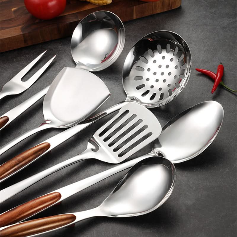 Stainless Steel Kitchen Utensil Set with Wood Accent Handles