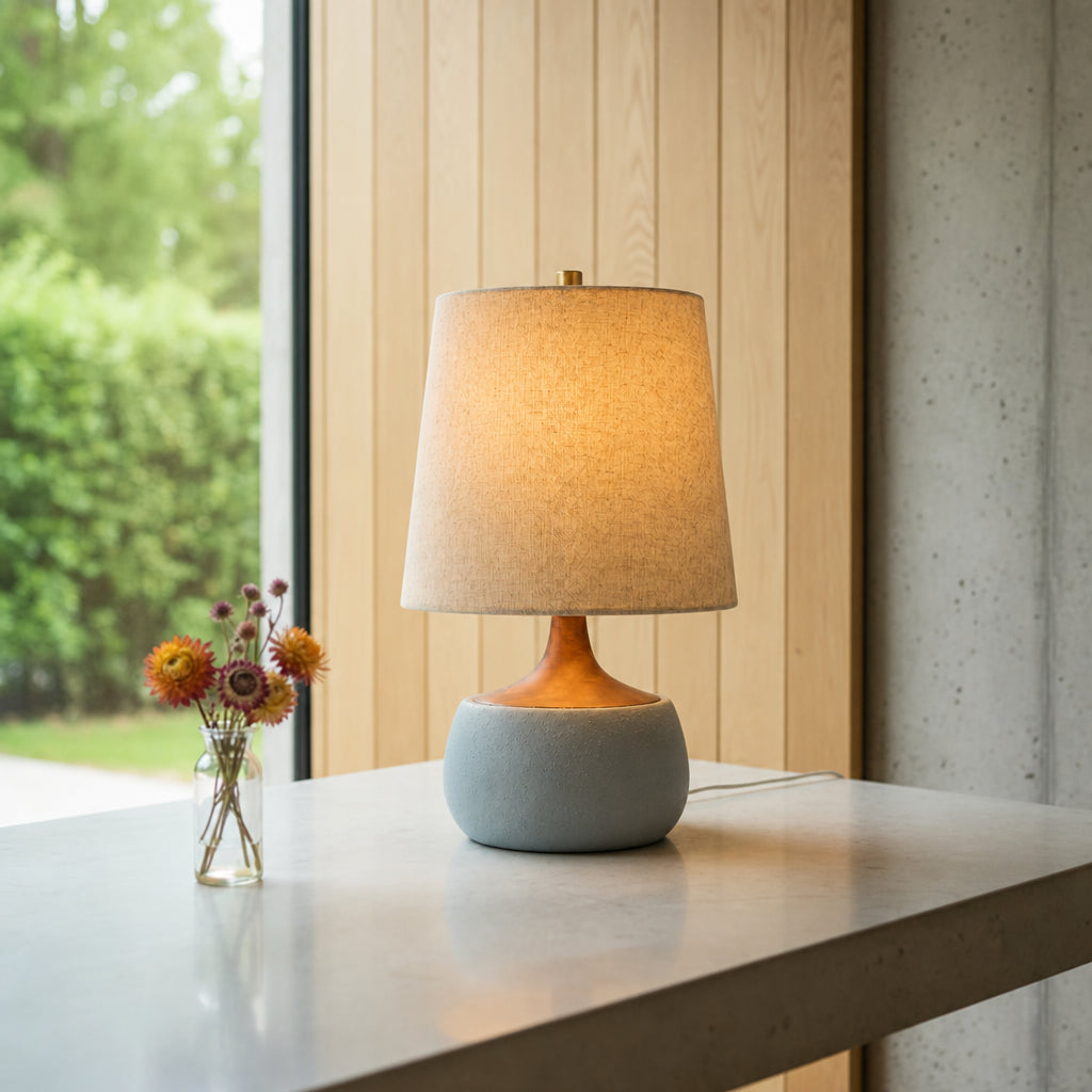 Table Lamp Mid-Century Modern with Linen Shade and Concrete Base