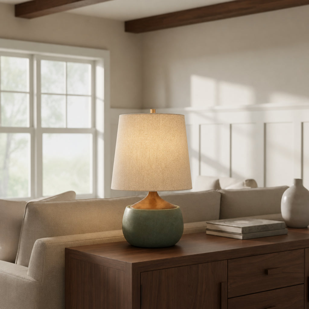 Table Lamp Mid-Century Modern with Linen Shade and Concrete Base