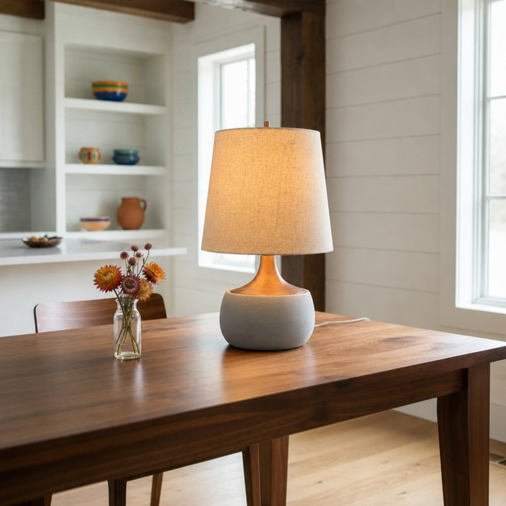 Table Lamp Mid-Century Modern with Linen Shade and Concrete Base