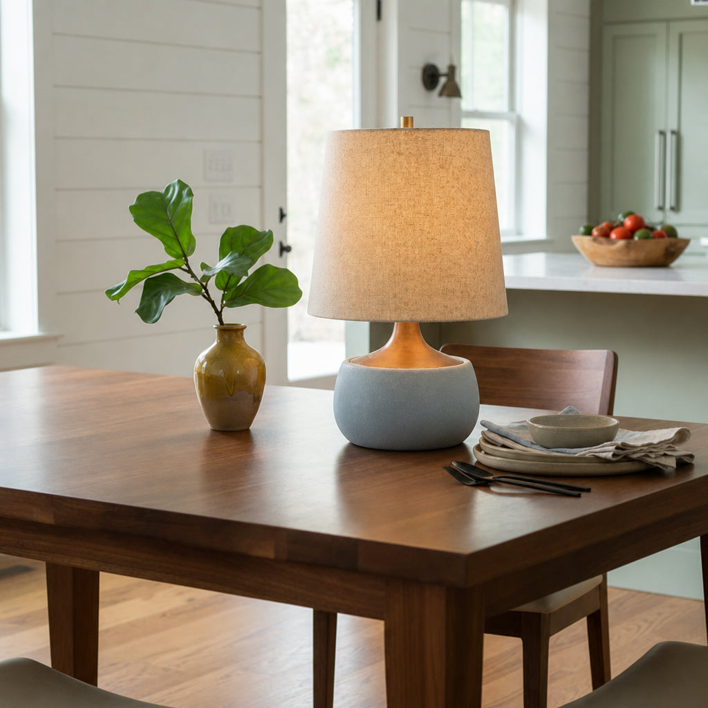Table Lamp Mid-Century Modern with Linen Shade and Concrete Base