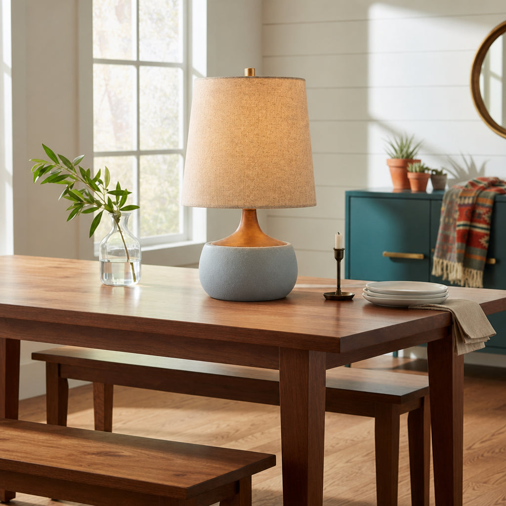 Table Lamp Mid-Century Modern with Linen Shade and Concrete Base