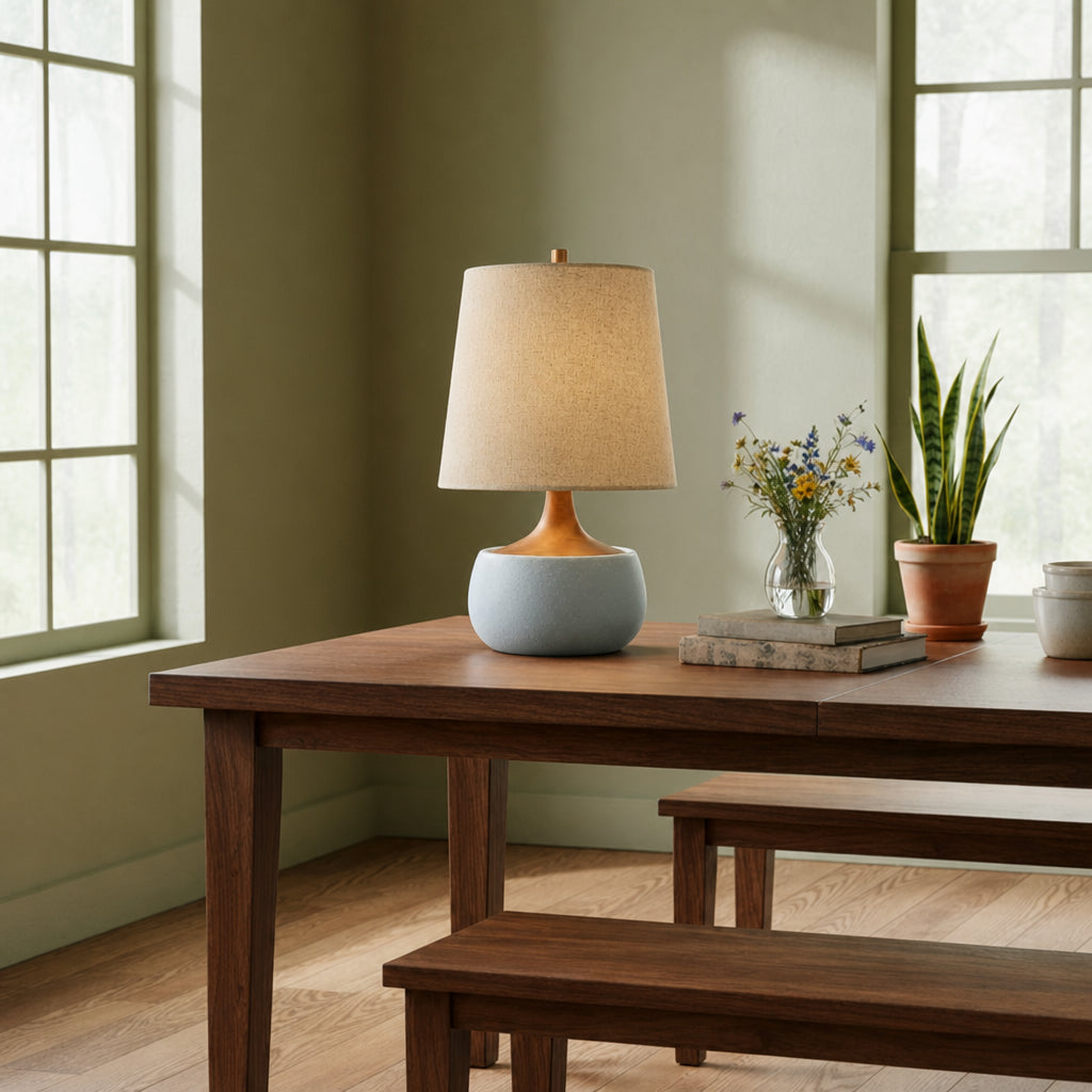 Table Lamp Mid-Century Modern with Linen Shade and Concrete Base