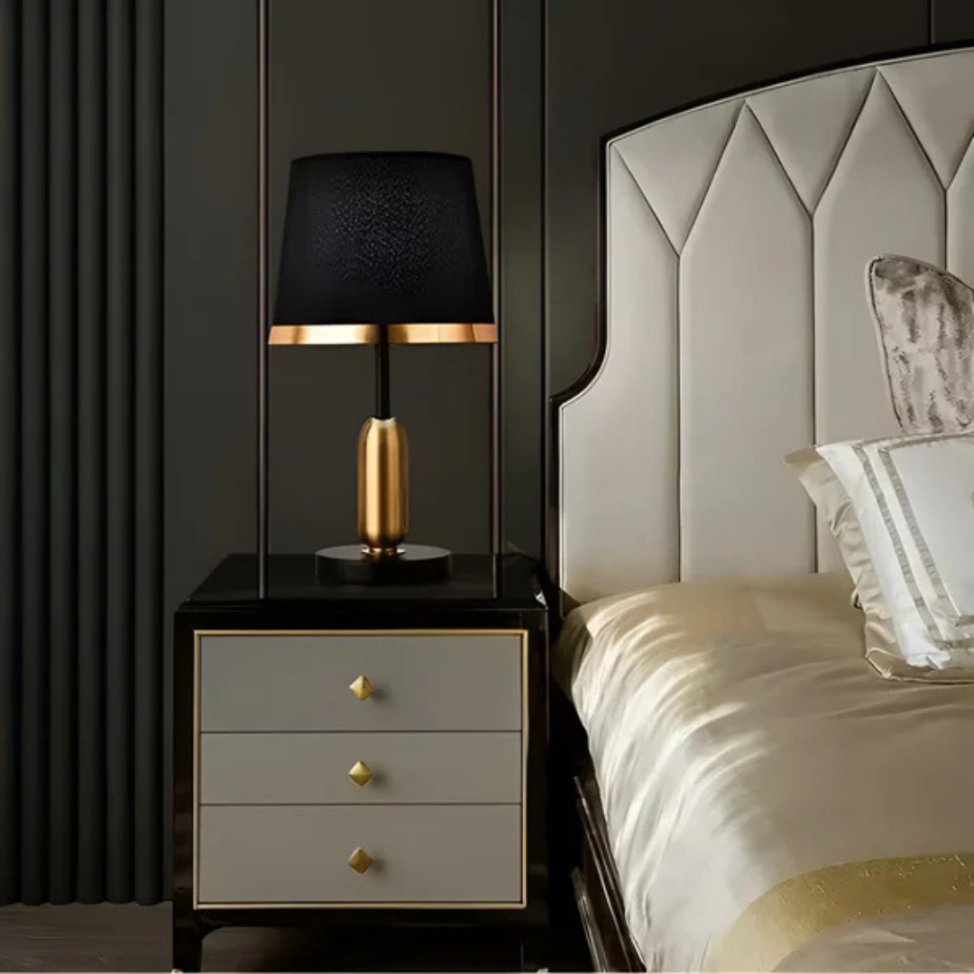 Table Lamp Modern Art Deco Style with Black Fabric Shade and Gold Base