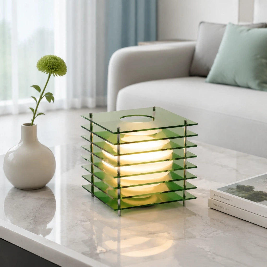 Table Lamp Modern with Stacked Acrylic Panels and Globe LED Inner Shade