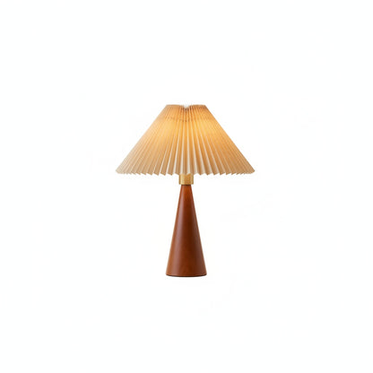 Table Lamp Scandinavian with Pleated Shade and Wood Cone Base