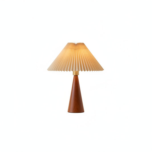 Table Lamp Scandinavian with Pleated Shade and Wood Cone Base