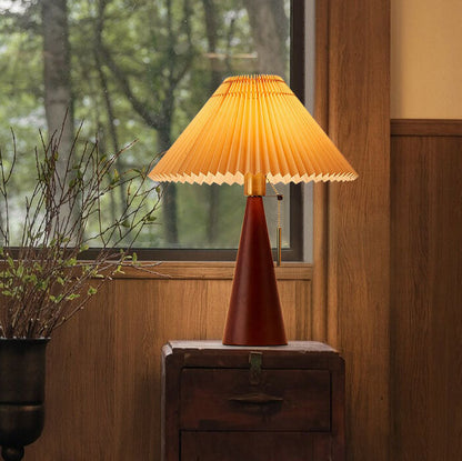 Table Lamp Scandinavian with Pleated Shade and Wood Cone Base
