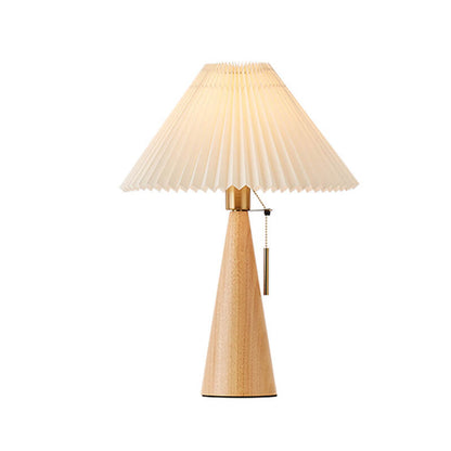 Table Lamp Scandinavian with Pleated Shade and Wood Cone Base