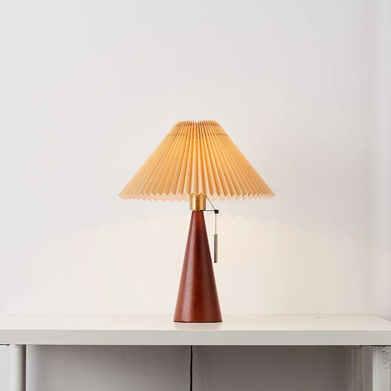 Table Lamp Scandinavian with Pleated Shade and Wood Cone Base
