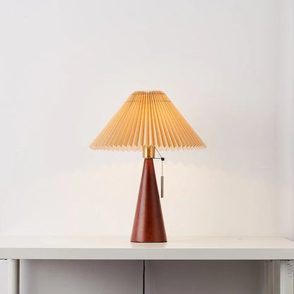 Table Lamp Scandinavian with Pleated Shade and Wood Cone Base