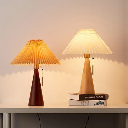 Table Lamp Scandinavian with Pleated Shade and Wood Cone Base