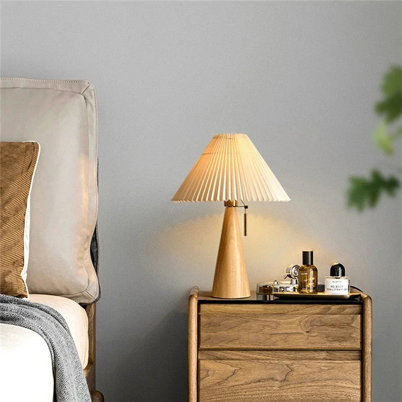 Table Lamp Scandinavian with Pleated Shade and Wood Cone Base
