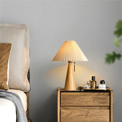 Table Lamp Scandinavian with Pleated Shade and Wood Cone Base