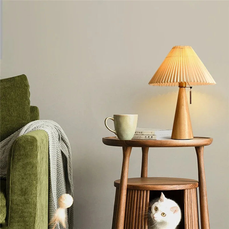 Table Lamp Scandinavian with Pleated Shade and Wood Cone Base