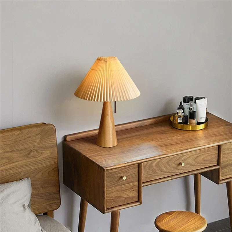 Table Lamp Scandinavian with Pleated Shade and Wood Cone Base