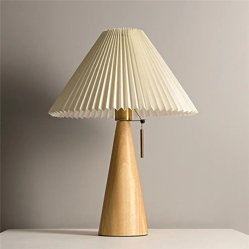 Table Lamp Scandinavian with Pleated Shade and Wood Cone Base