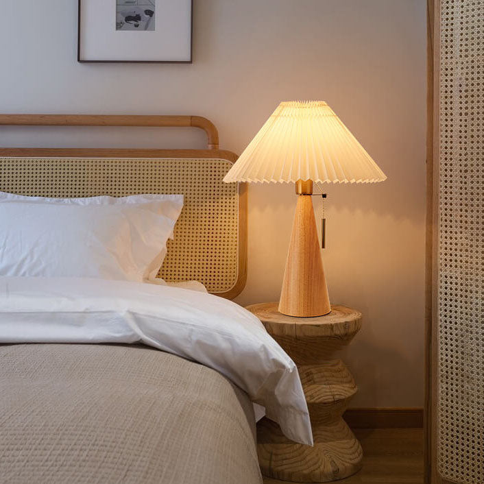Table Lamp Scandinavian with Pleated Shade and Wood Cone Base