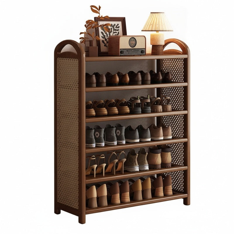 Tall Shoe Rack with Woven Rattan Side Panels and Rounded Frame