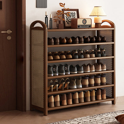 Tall Shoe Rack with Woven Rattan Side Panels and Rounded Frame
