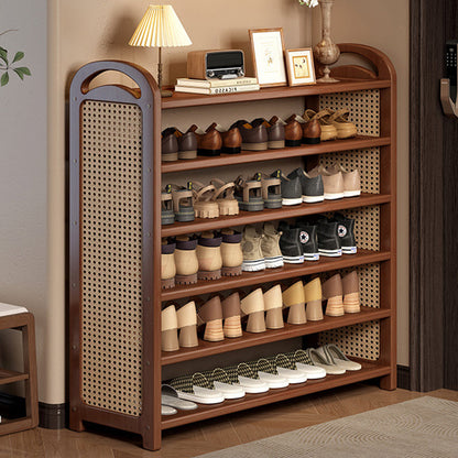 Tall Shoe Rack with Woven Rattan Side Panels and Rounded Frame
