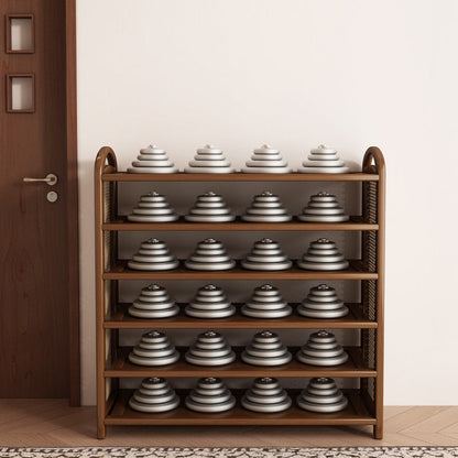 Tall Shoe Rack with Woven Rattan Side Panels and Rounded Frame