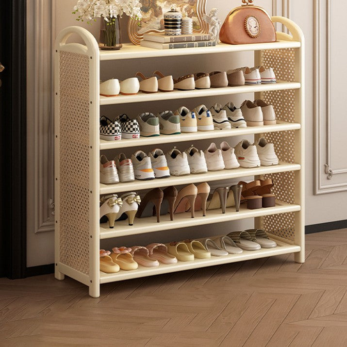 Tall Shoe Rack with Woven Rattan Side Panels and Rounded Frame