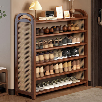 Tall Shoe Rack with Woven Rattan Side Panels and Rounded Frame