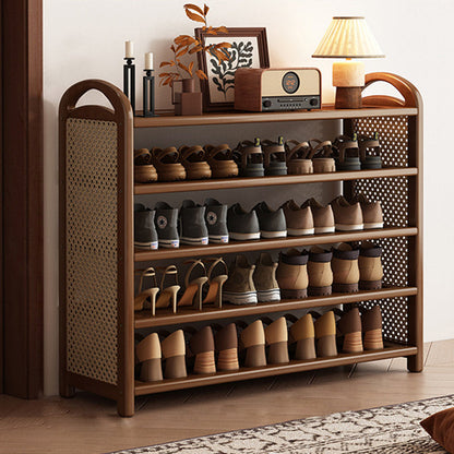 Tall Shoe Rack with Woven Rattan Side Panels and Rounded Frame