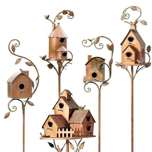 Vintage Metal Birdhouse Garden Stake with Leaf and Vine Details