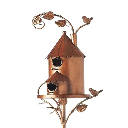 Vintage Metal Birdhouse Garden Stake with Leaf and Vine Details