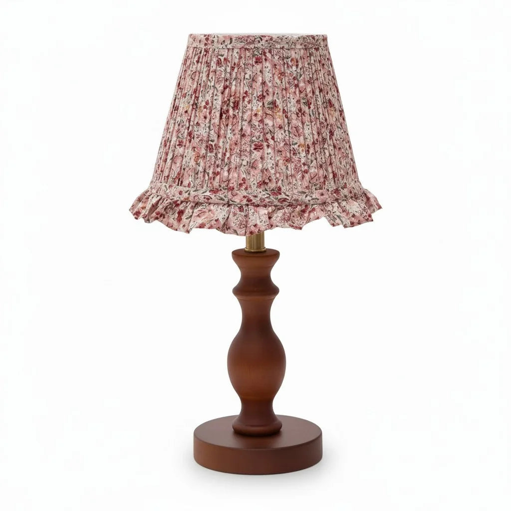 Vintage Table Lamp with Pleated Floral Shade and Spindle Wood Base