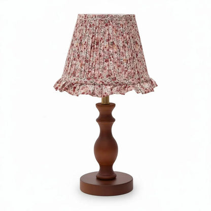 Vintage Table Lamp with Pleated Floral Shade and Spindle Wood Base