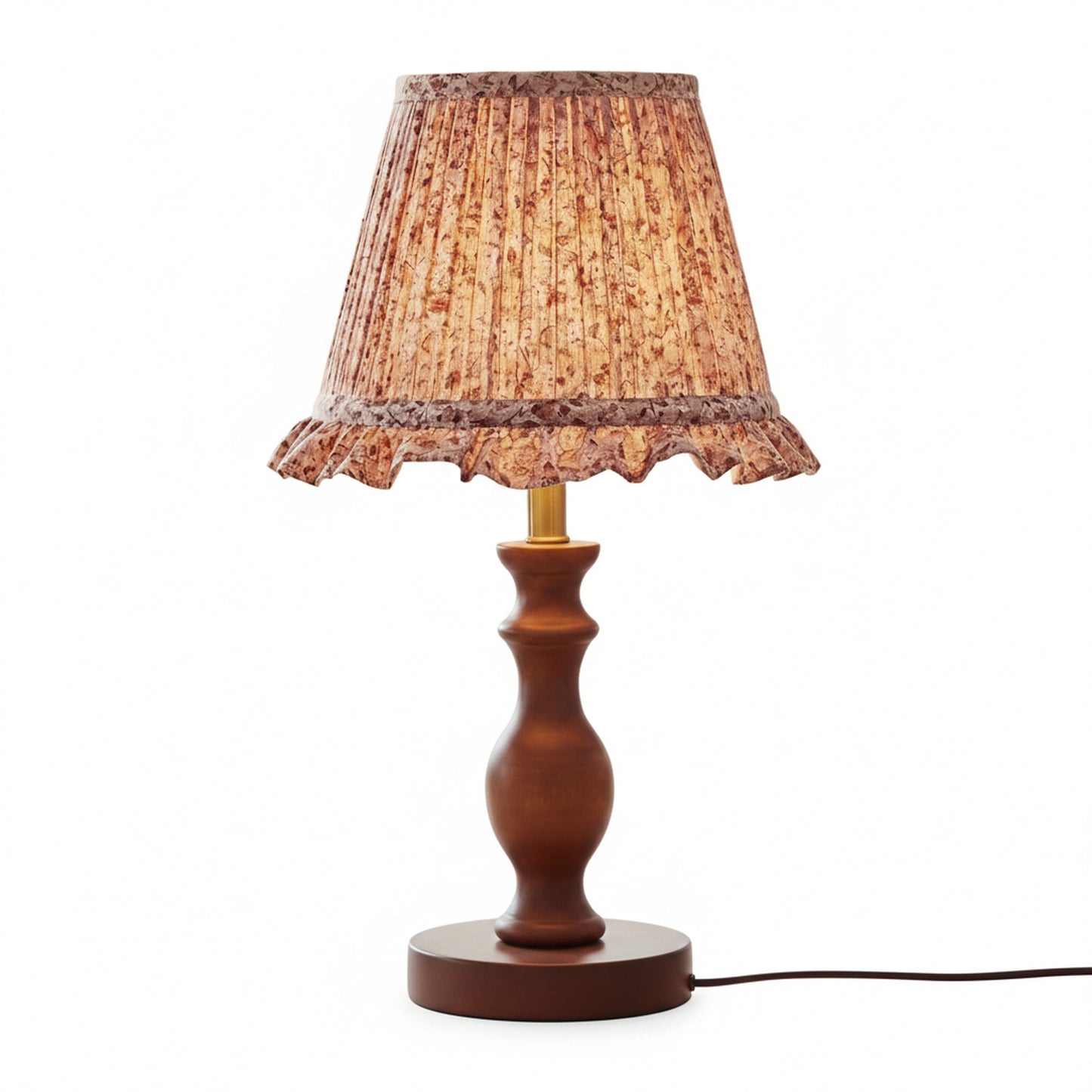 Vintage Table Lamp with Pleated Floral Shade and Spindle Wood Base