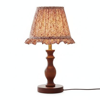 Vintage Table Lamp with Pleated Floral Shade and Spindle Wood Base