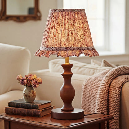 Vintage Table Lamp with Pleated Floral Shade and Spindle Wood Base