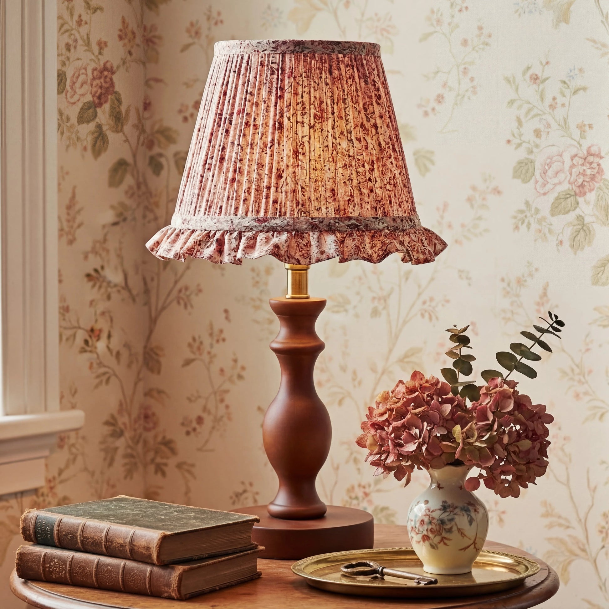 Vintage Table Lamp with Pleated Floral Shade and Spindle Wood Base