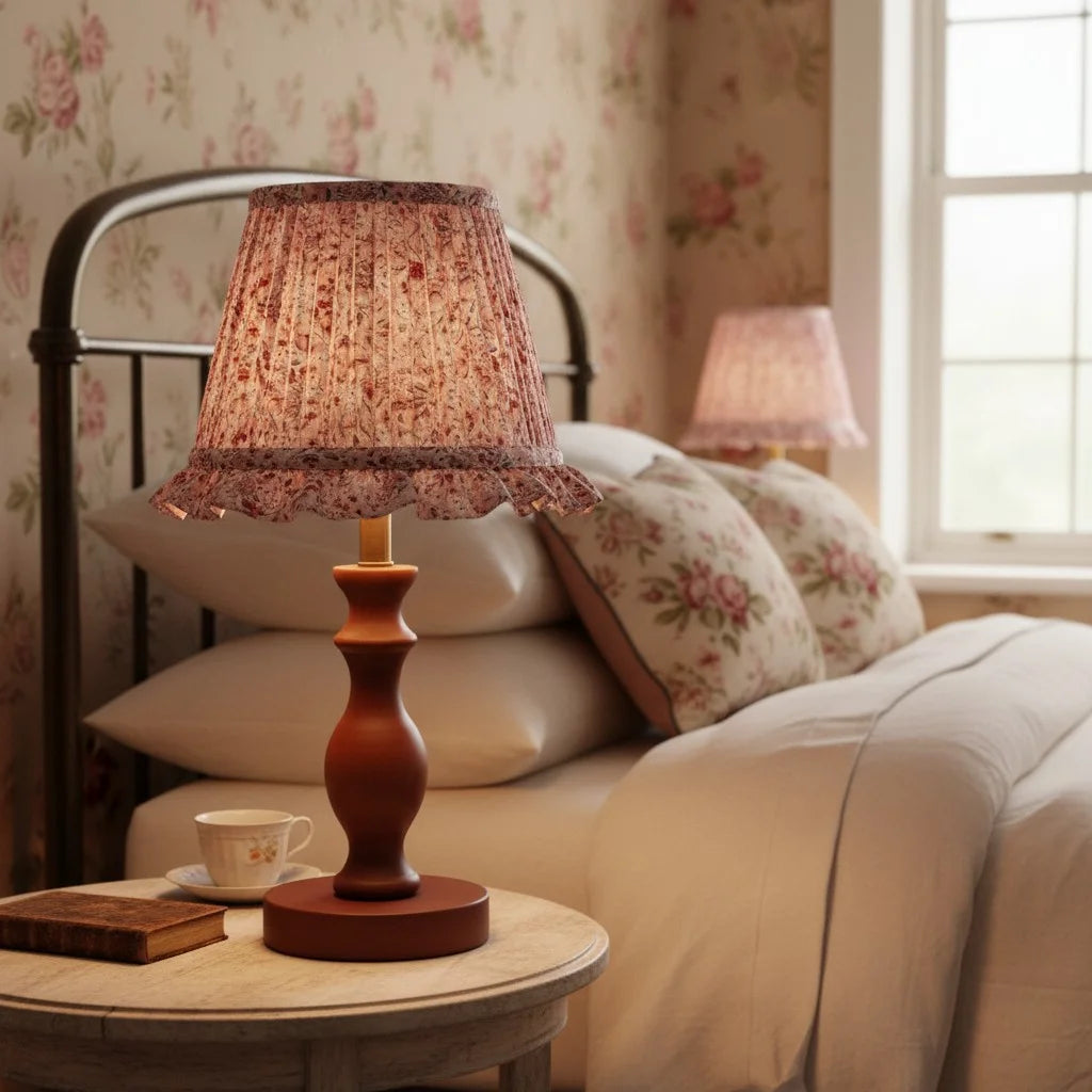 Vintage Table Lamp with Pleated Floral Shade and Spindle Wood Base