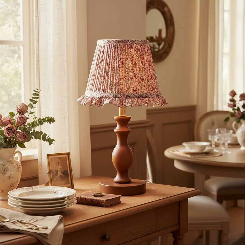 Vintage Table Lamp with Pleated Floral Shade and Spindle Wood Base
