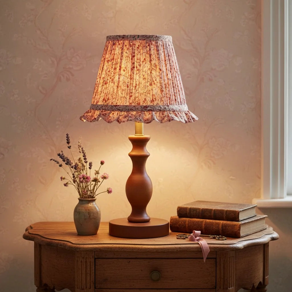 Vintage Table Lamp with Pleated Floral Shade and Spindle Wood Base