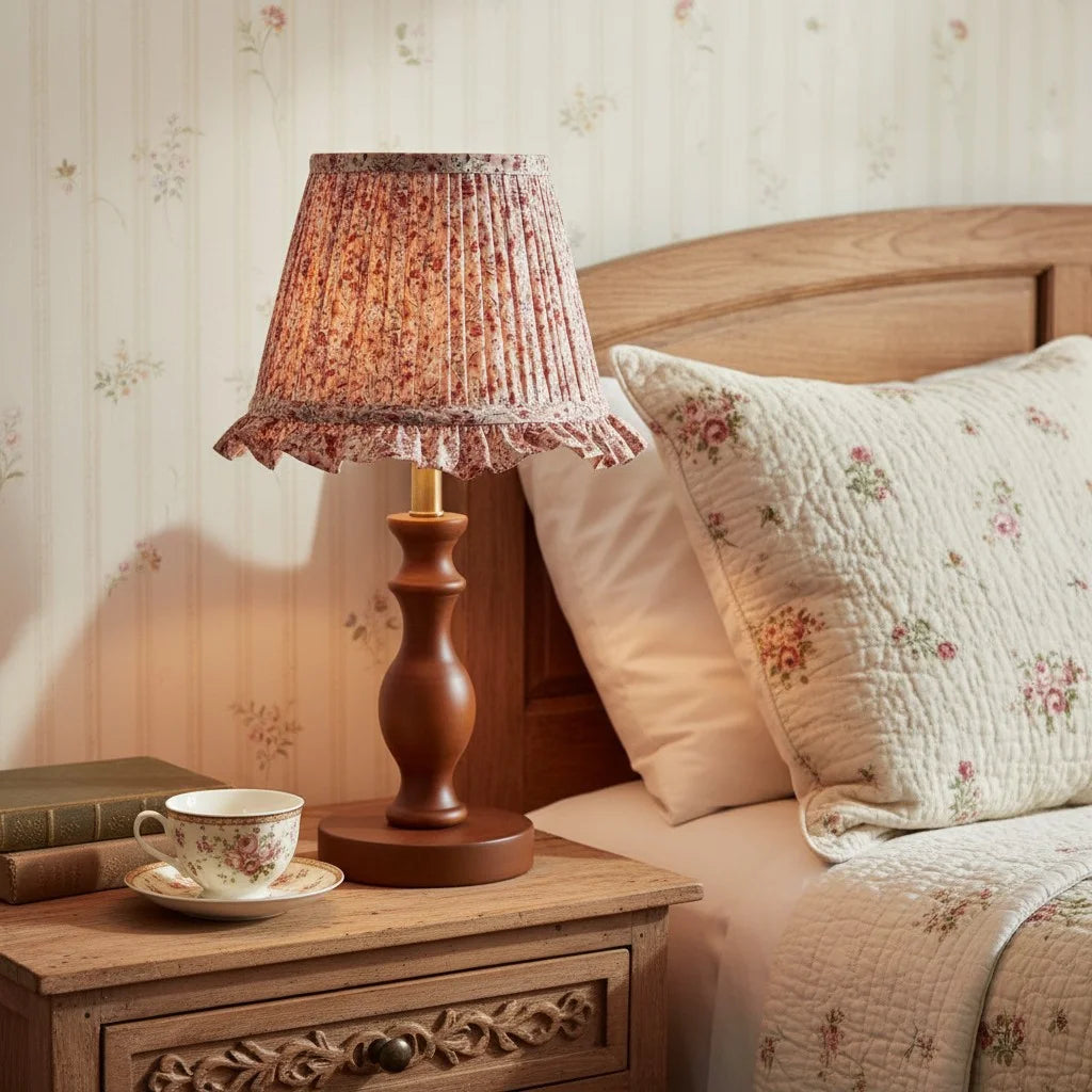 Vintage Table Lamp with Pleated Floral Shade and Spindle Wood Base