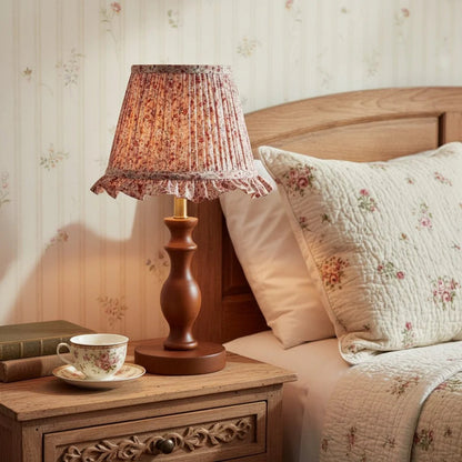 Vintage Table Lamp with Pleated Floral Shade and Spindle Wood Base