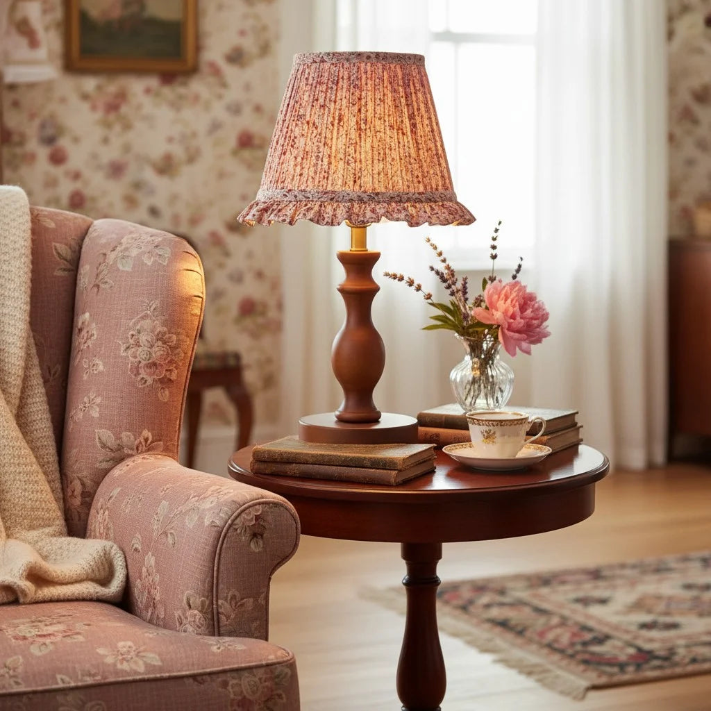 Vintage Table Lamp with Pleated Floral Shade and Spindle Wood Base