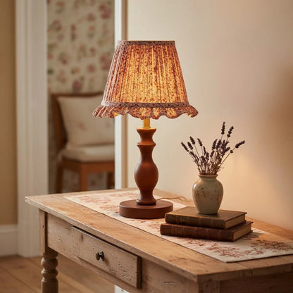 Vintage Table Lamp with Pleated Floral Shade and Spindle Wood Base