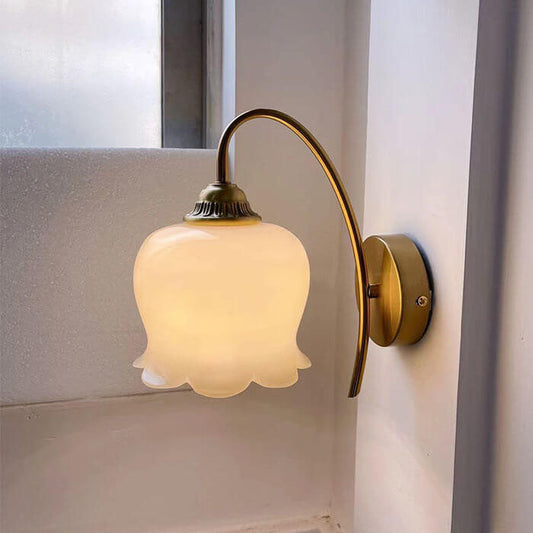 Vintage Wall Sconce with Flower Glass Shade and Curved Arm