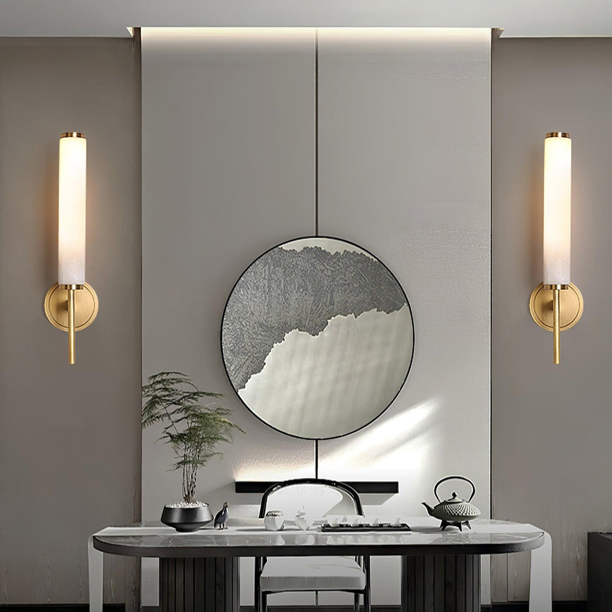 Wall Lamp Art Deco with Alabaster Cylinder Shade and Brass Finish